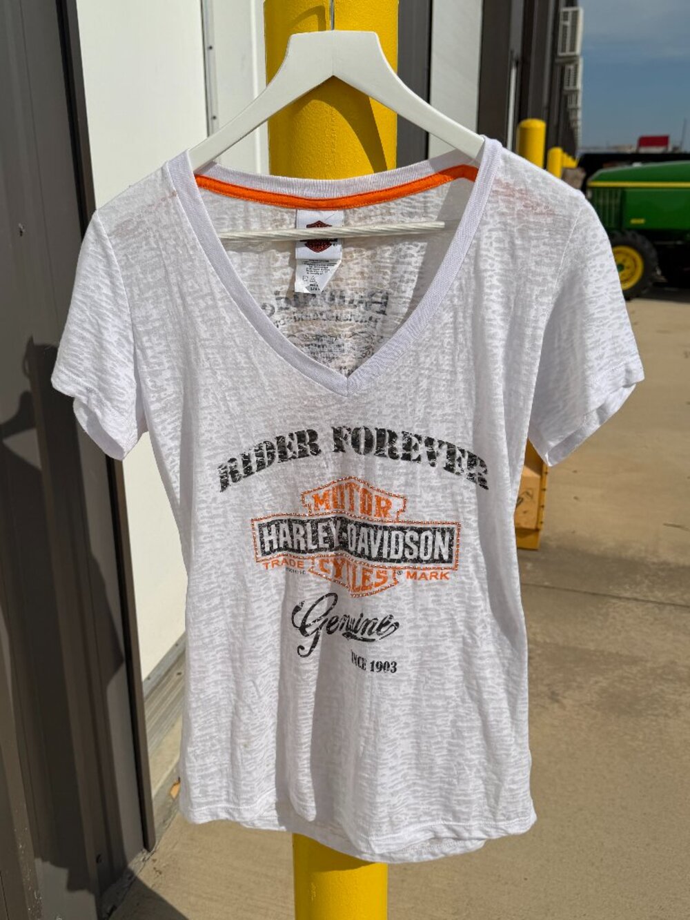 Harley Davidson Rawhide Olathe Kansas White Burnout V Neck T Shirt Women's Large